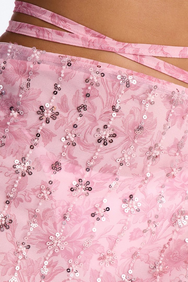Salt Water Embellished Floral Sequin Trim Strappy Waist Tie Swim Cover Up Skirt - Pink