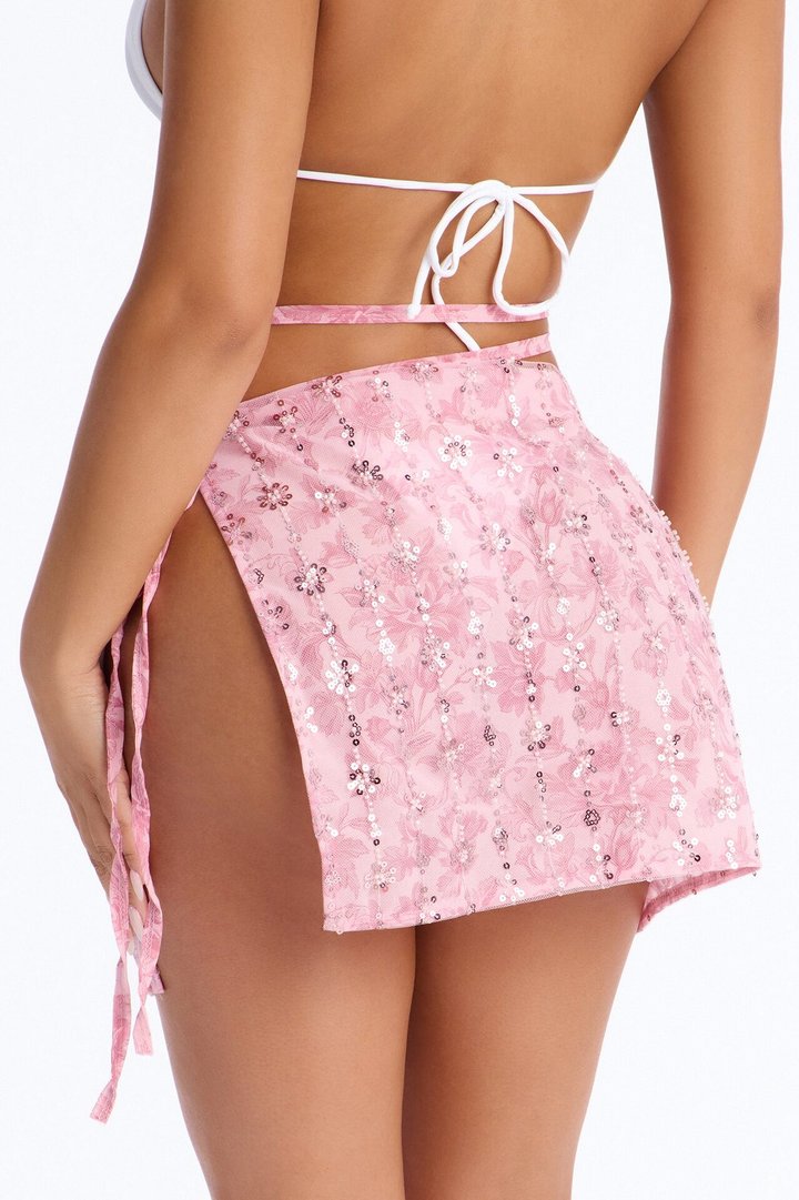 Salt Water Embellished Floral Sequin Trim Strappy Waist Tie Swim Cover Up Skirt - Pink