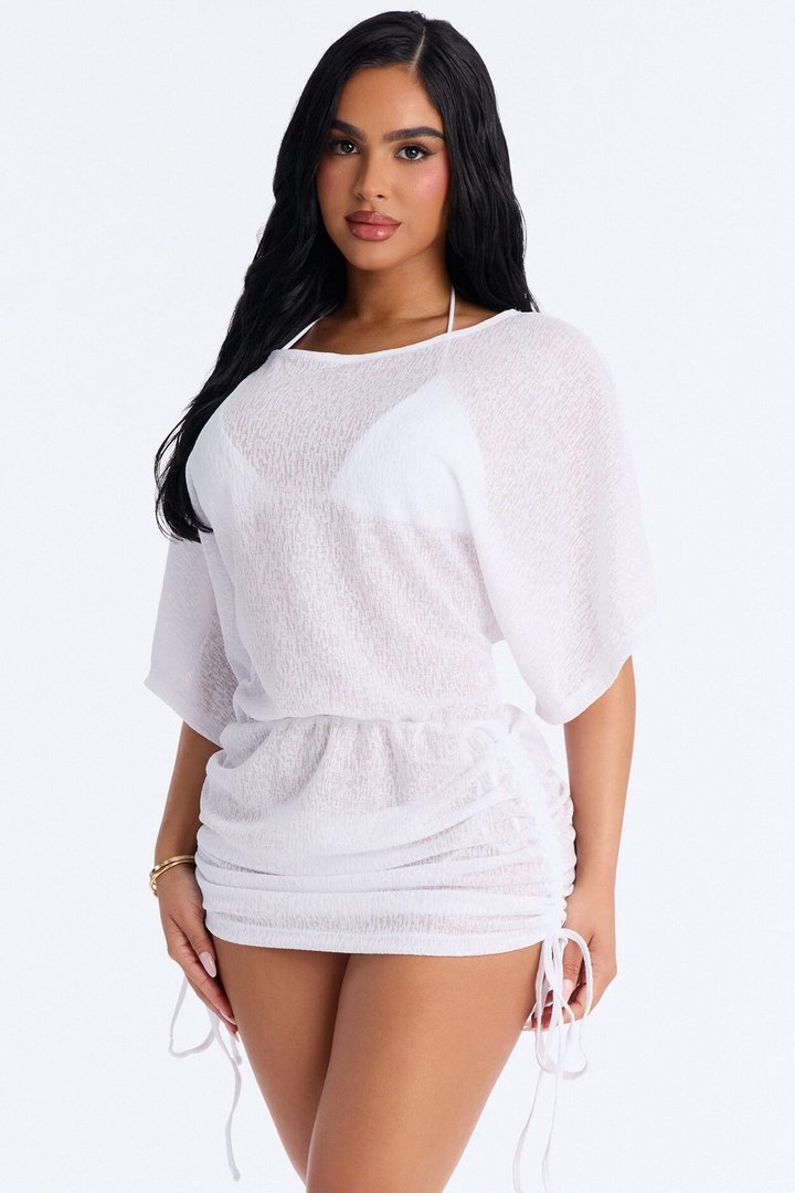 Cozy Up Summer Morning Side Ruching Swim Cover Up Dress - White