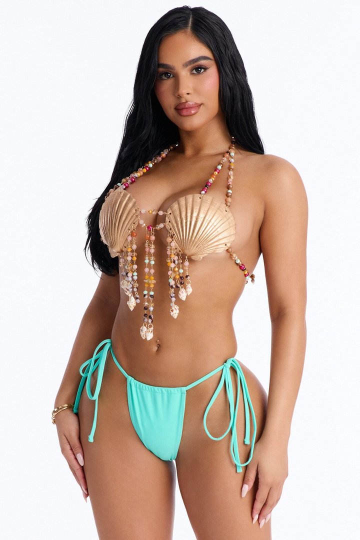 Seashells & Sunshine Beaded 3 Piece Bikini Sarong Set - Turquoise/combo