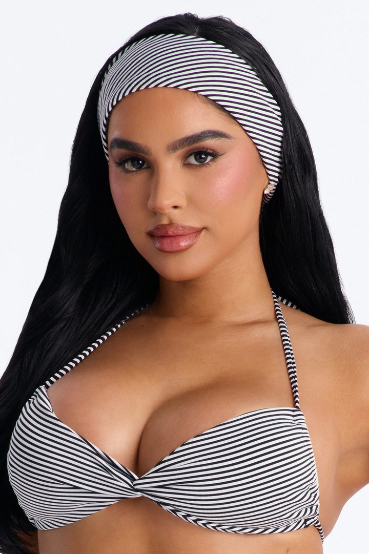 Endless Wave Knit Striped 4 Piece Bikini Skirt Set & Headscarf - Black/White