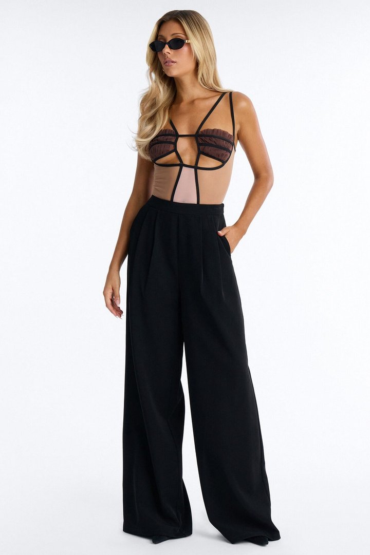 Cleo Colorblock Mesh Bodysuit - Brown/combo