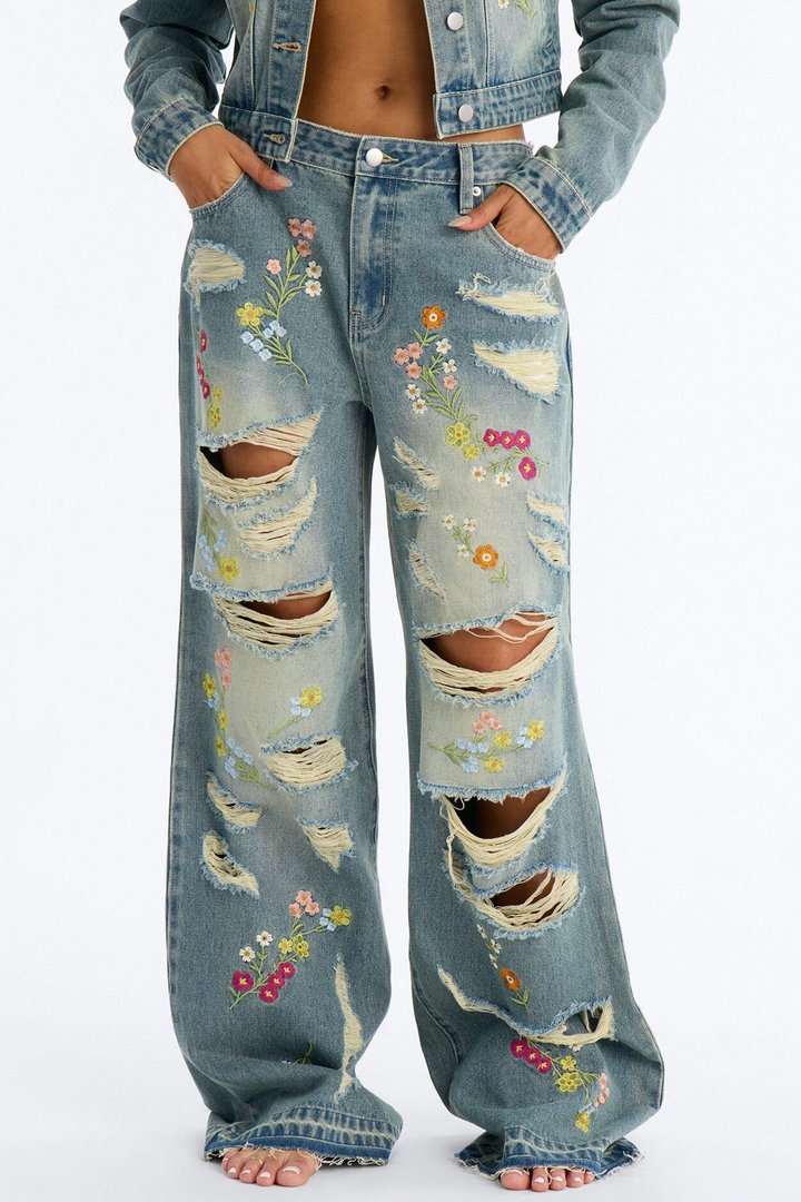 Enchanted Garden Embroidered Ripped Jeans - Vintage Wash
