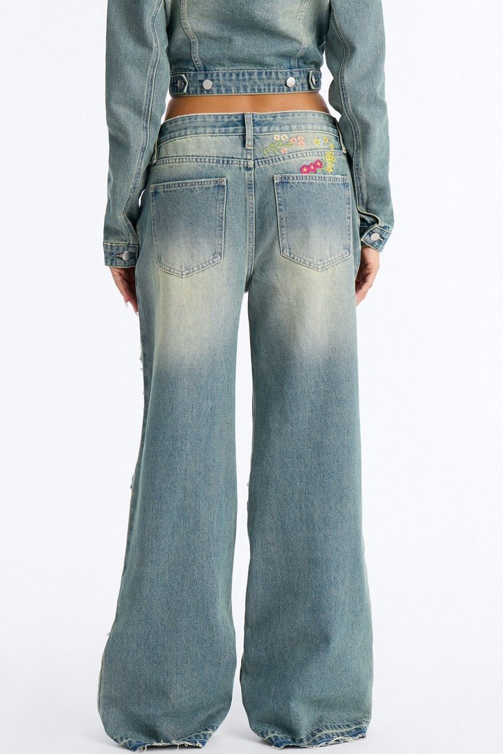 Enchanted Garden Embroidered Ripped Jeans - Vintage Wash