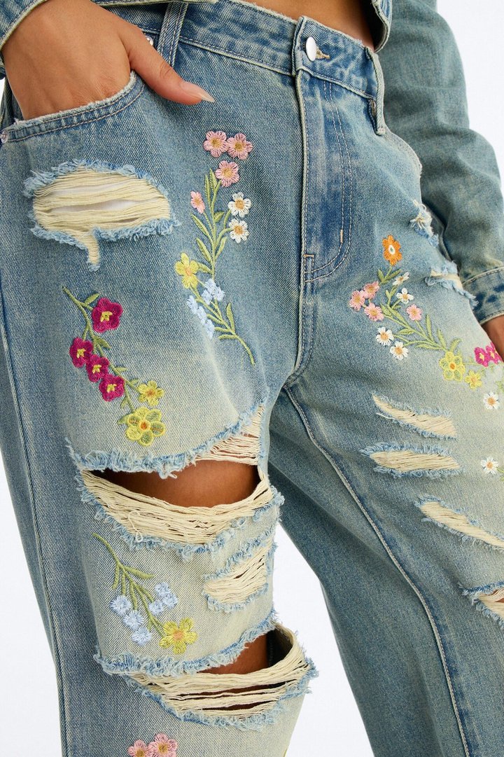 Enchanted Garden Embroidered Ripped Jeans - Vintage Wash
