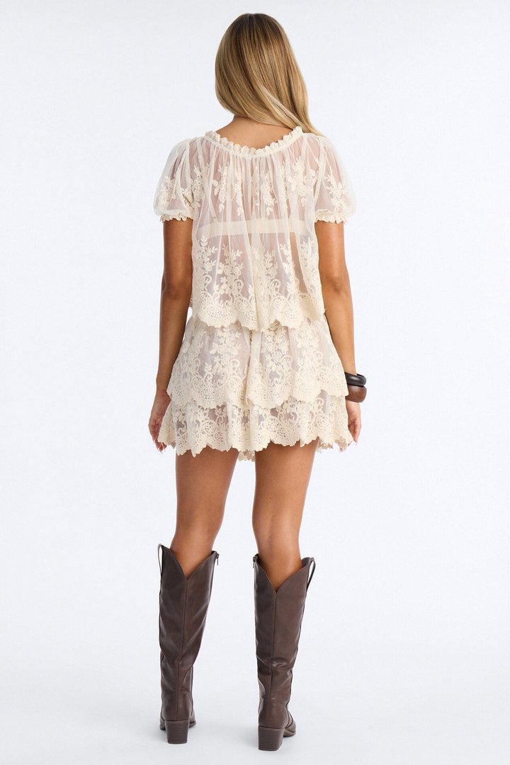 Blossom Mesh Embroidery Mini Skirt Set - Cream