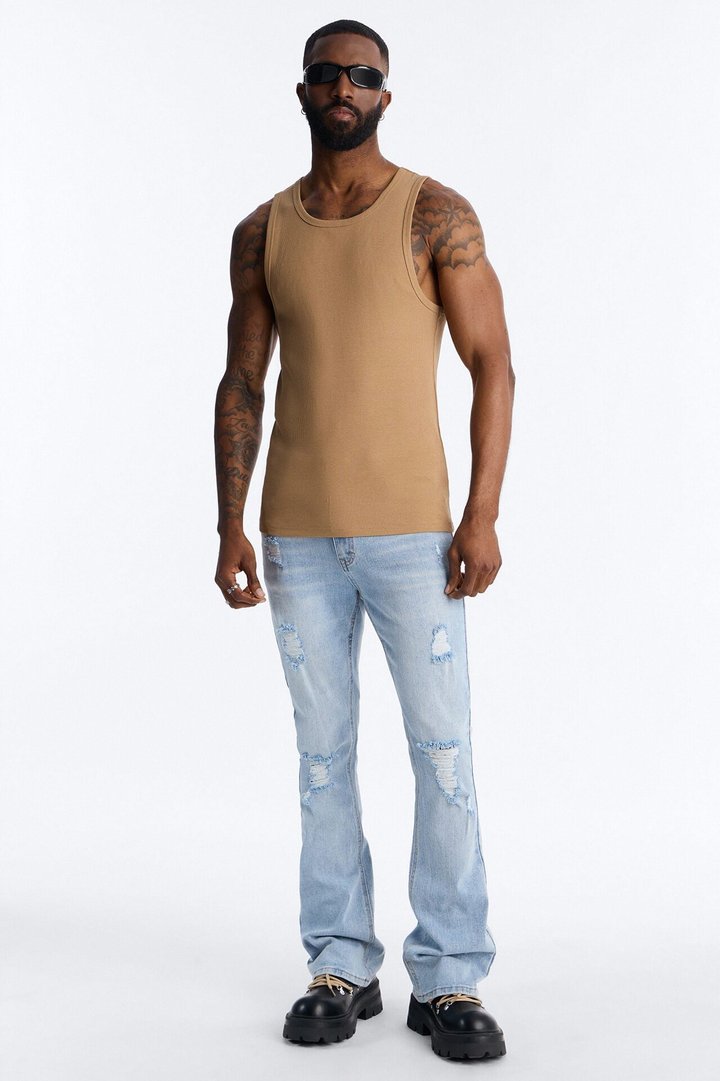 Essential Destroyed Stacked Slim Flare Stretch Jean - Light Blue Wash