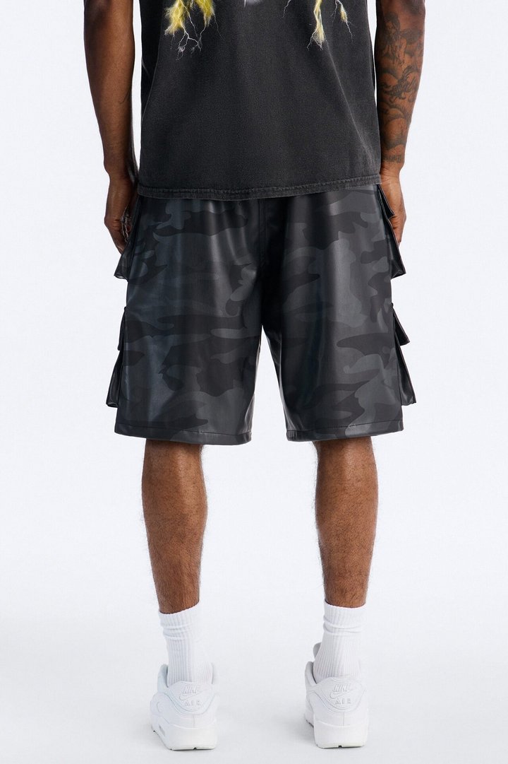 Faux Leather Camo Mirage Cargo Short - Grey