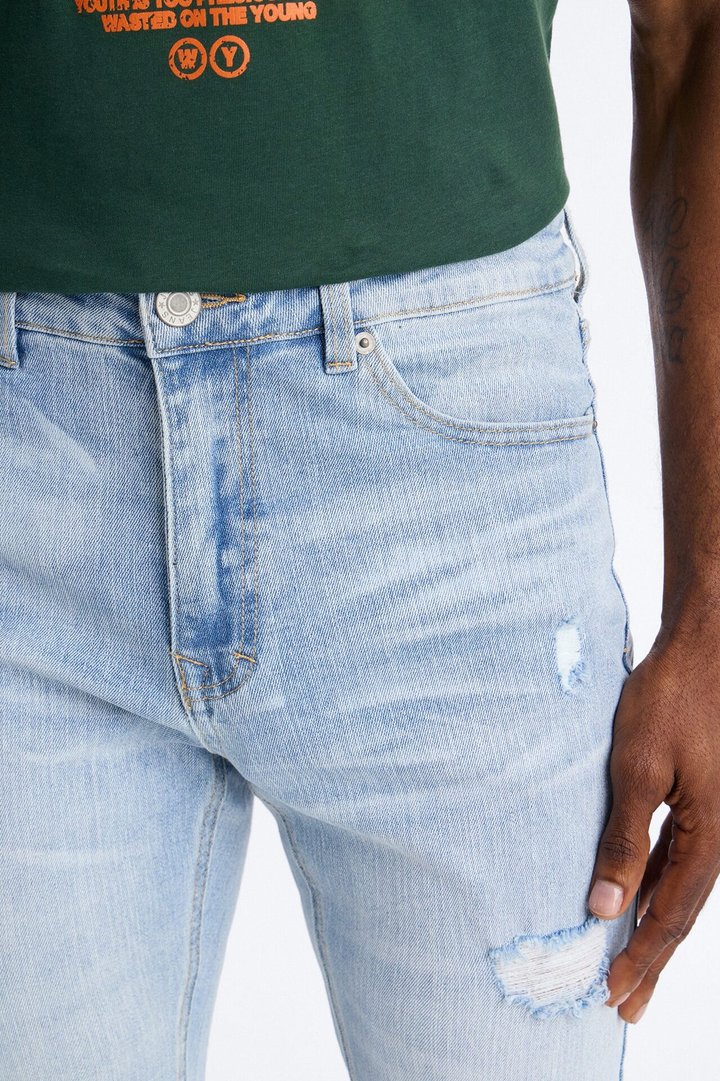 Essential Destroyed Skinny Stretch Jean - Light Blue Wash