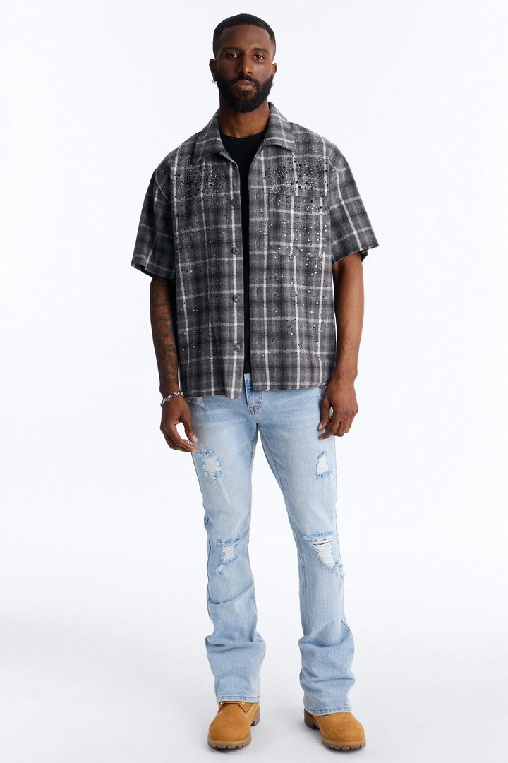 Jeweled Plaid Raw Hem Button Up Shirt - Black