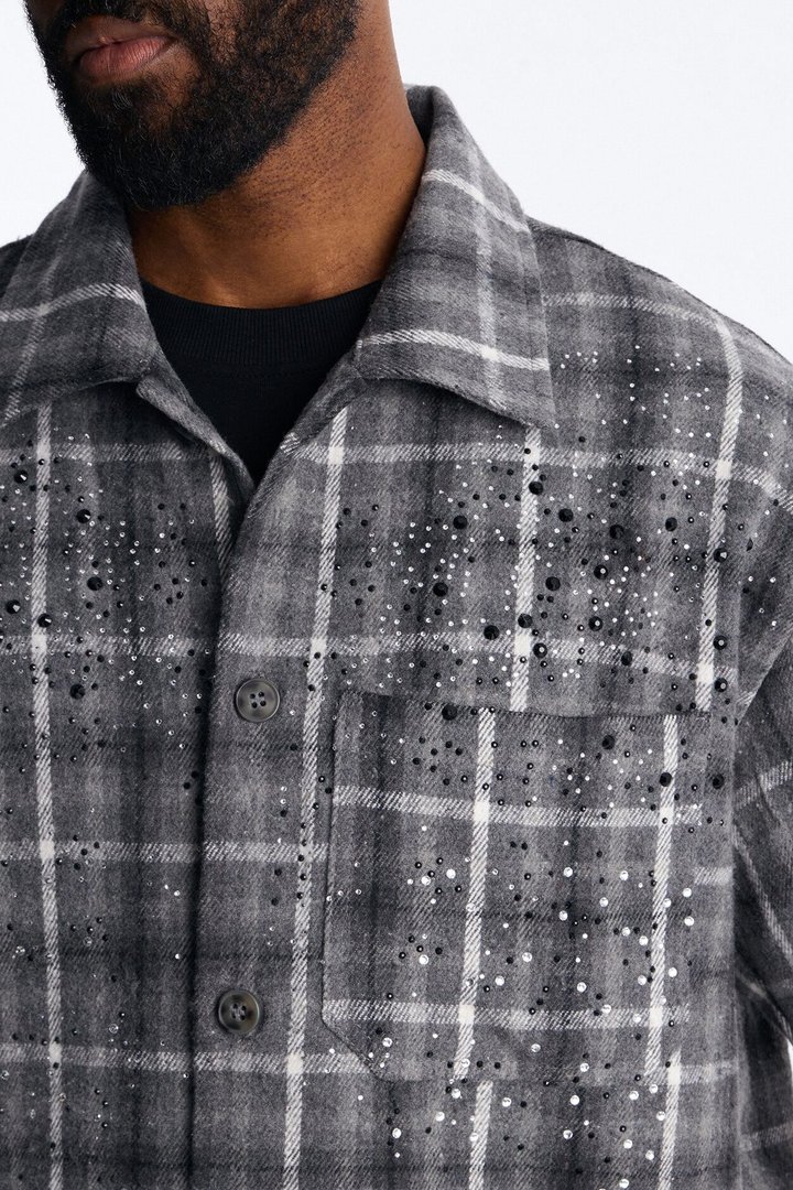 Jeweled Plaid Raw Hem Button Up Shirt - Black