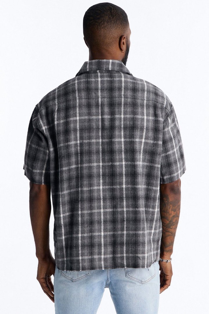 Jeweled Plaid Raw Hem Button Up Shirt - Black