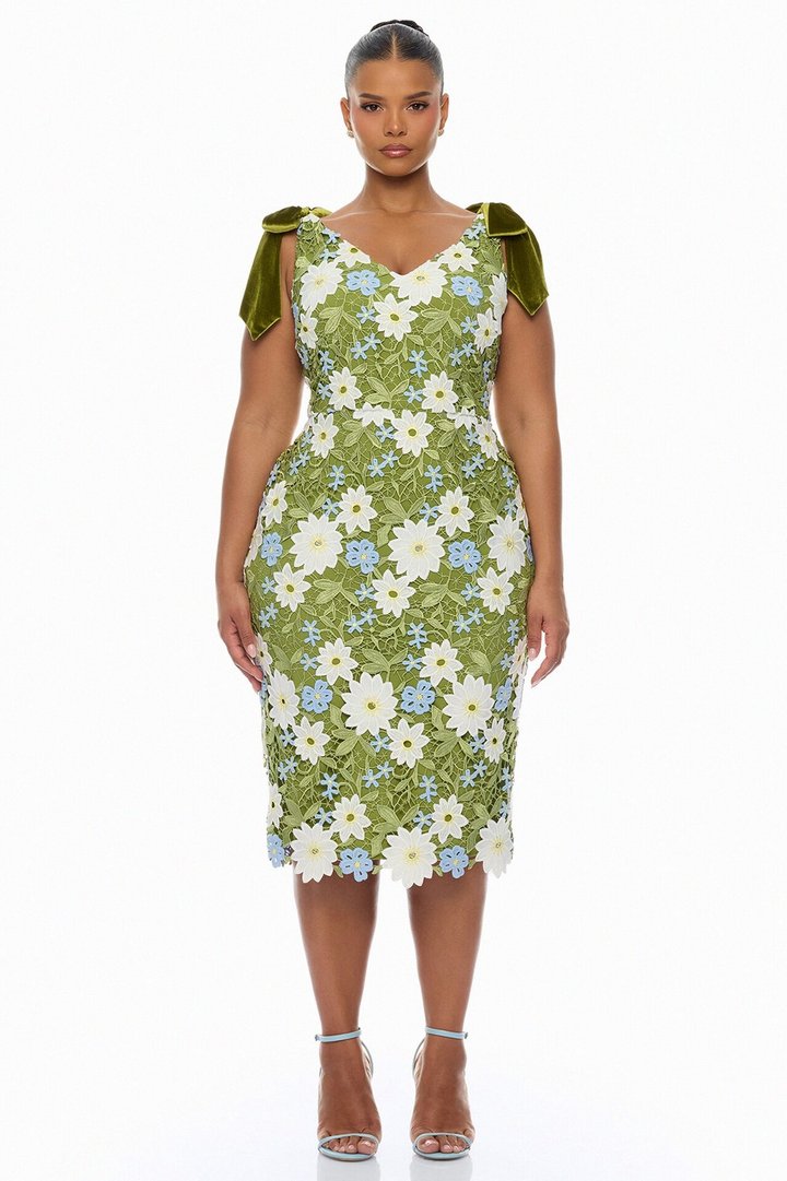 Dani Floral Embroidered Midi Dress - Chartreuse