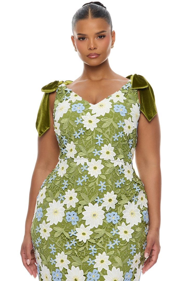 Dani Floral Embroidered Midi Dress - Chartreuse