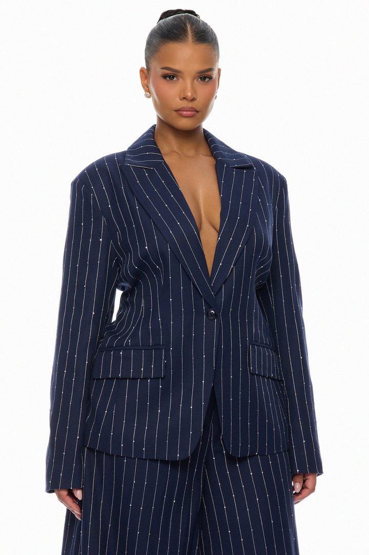 Adyson Embellished Pinstripe Blazer - Navy/combo