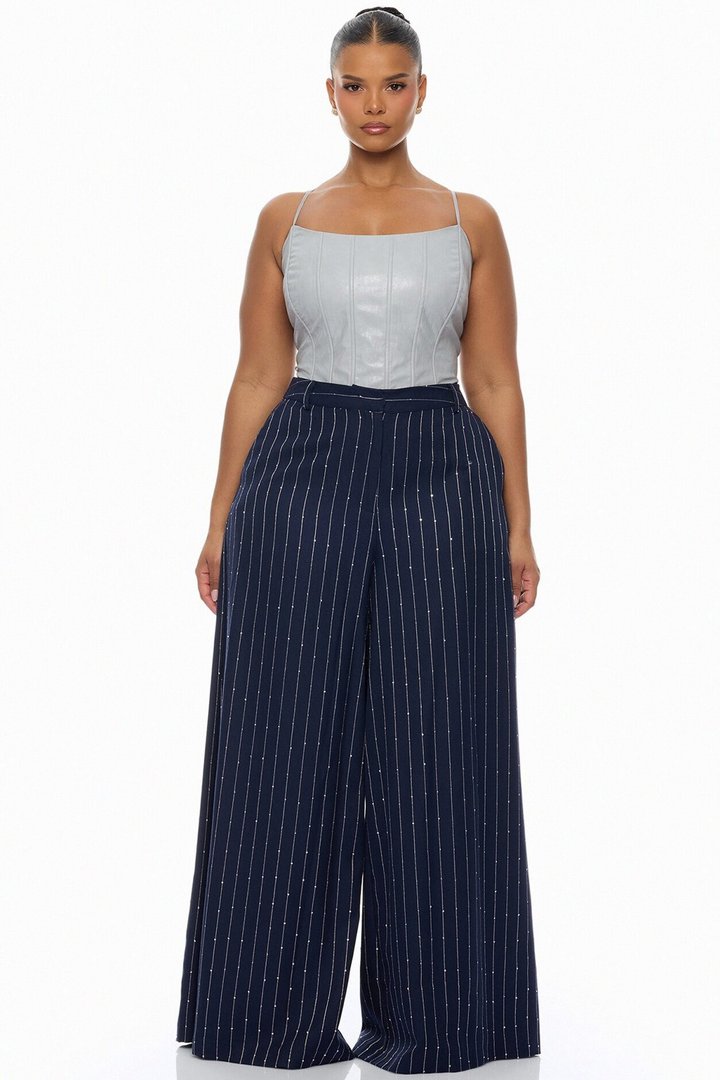 Adyson Embellished Pinstripe Wide Leg Pant - Navy/combo