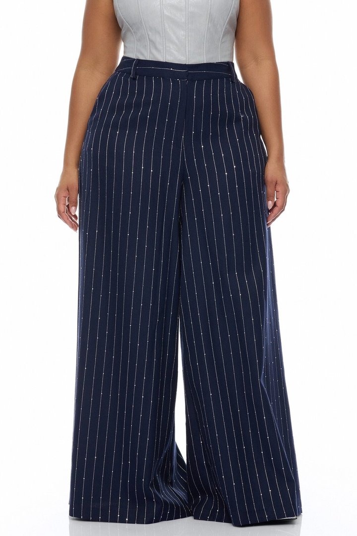 Adyson Embellished Pinstripe Wide Leg Pant - Navy/combo