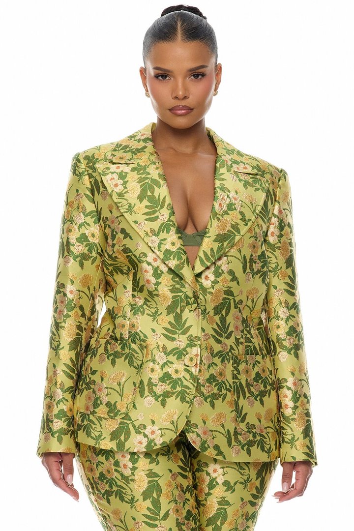 Emilee Jacquard Blazer Pant Set - Chartreuse