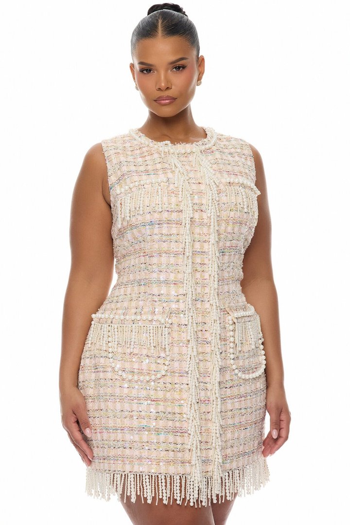 Tiffani Pearl Fringe Tweed Mini Dress - Pink/combo