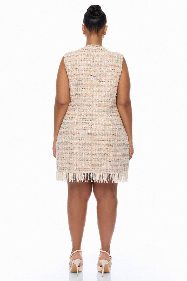 Tiffani Pearl Fringe Tweed Mini Dress - Pink/combo