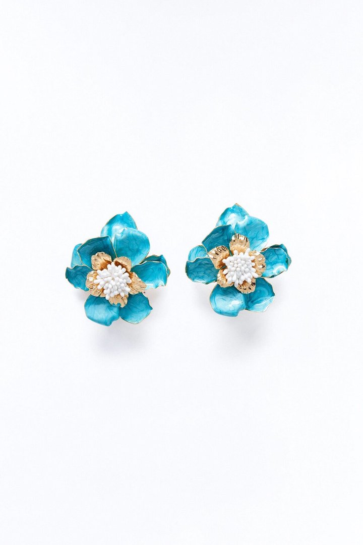 Tropical Floral Earrings - Gold/Blue