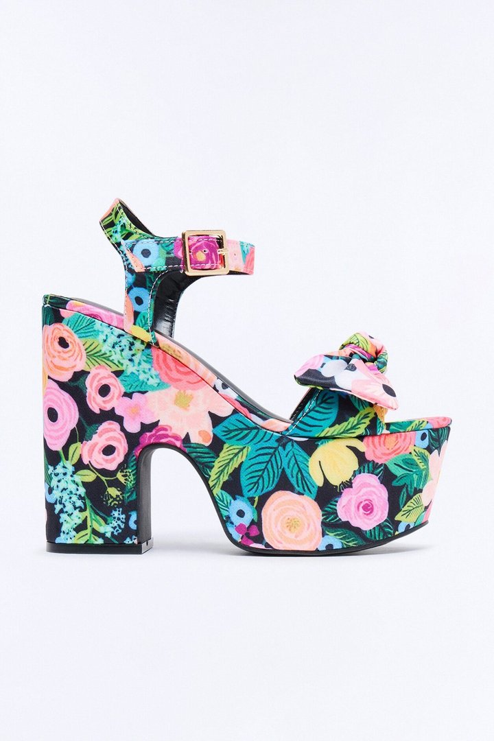 Clara Floral Print Satin Platform Heels - Black/Pink