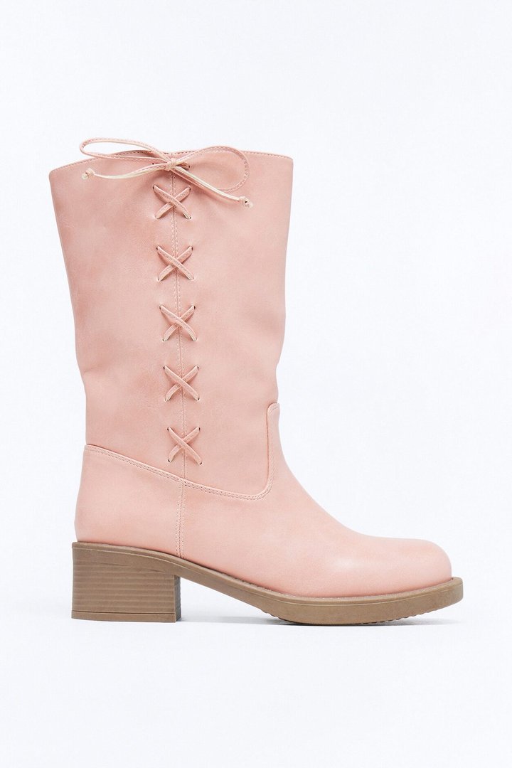 Springy Lace Up Bow Boots - Pink