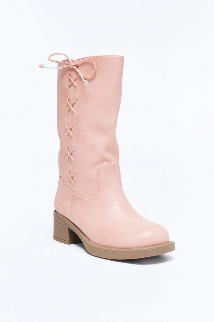 Springy Lace Up Bow Boots - Pink