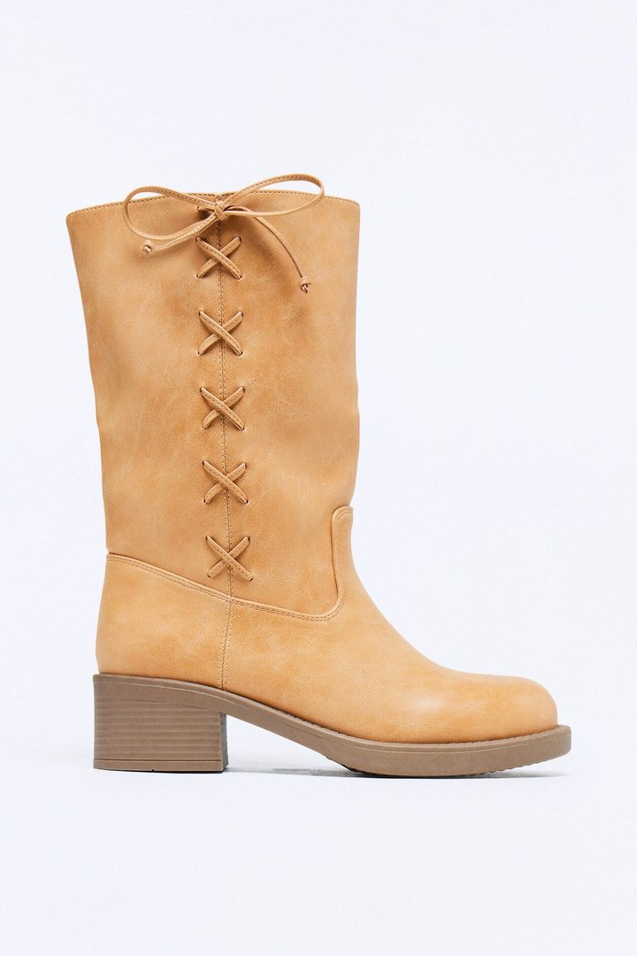 Springy Lace Up Bow Boots - Tan