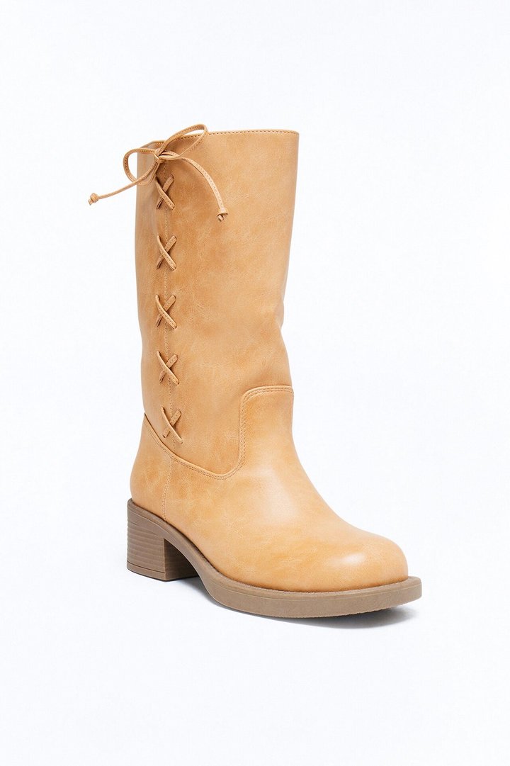 Springy Lace Up Bow Boots - Tan