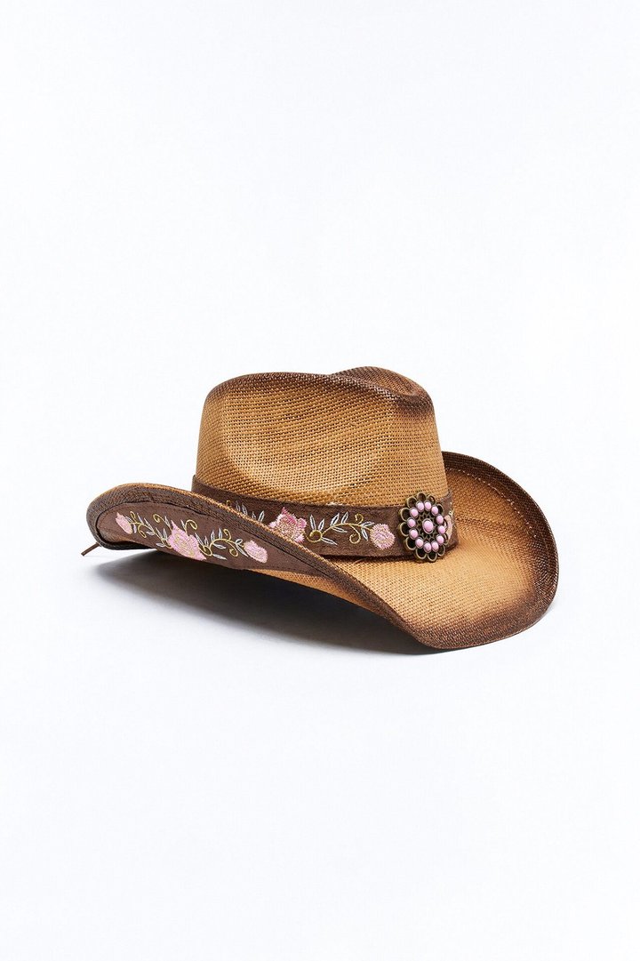 Prairie Vibes Embroidered Straw Cowboy Hat - Khaki