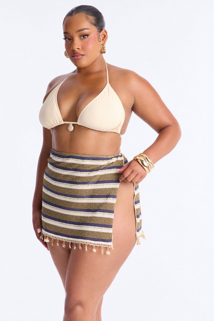 Wave Check 3 Piece Bikini Knit Skirt Set - Blue/combo