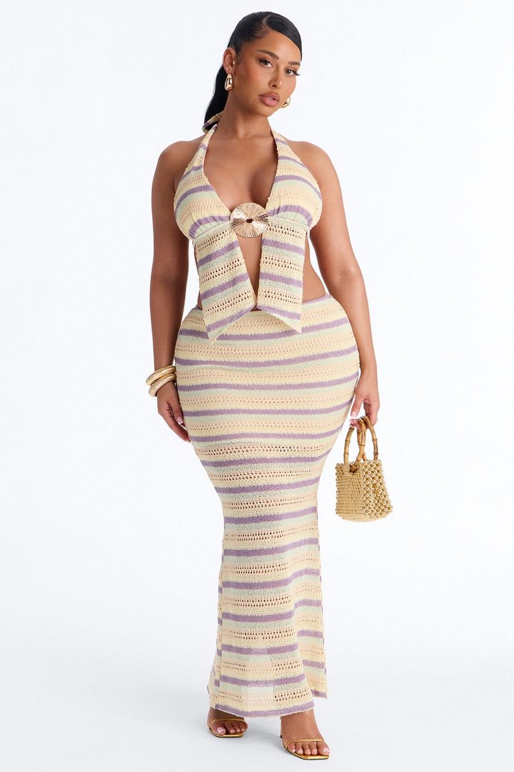 Saltair Crochet Halter Bra Top And Maxi Skirt Set - Cream/combo