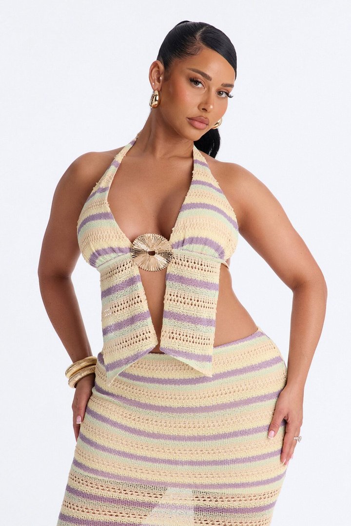 Saltair Crochet Halter Bra Top And Maxi Skirt Set - Cream/combo
