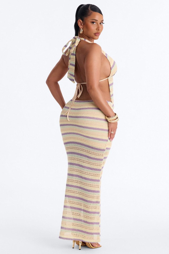 Saltair Crochet Halter Bra Top And Maxi Skirt Set - Cream/combo