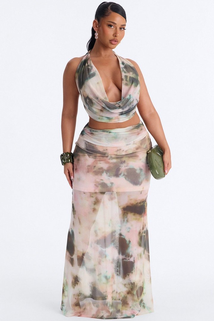 Davina Mesh Halter Maxi Skirt Set - Pink/combo