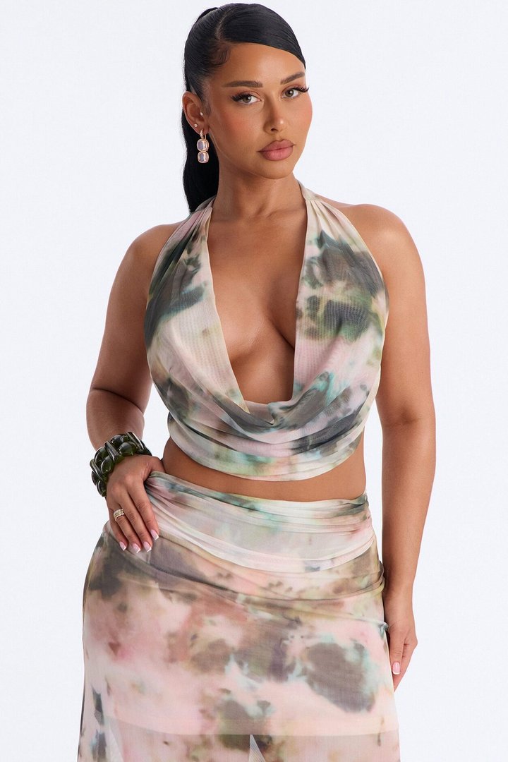 Davina Mesh Halter Maxi Skirt Set - Pink/combo