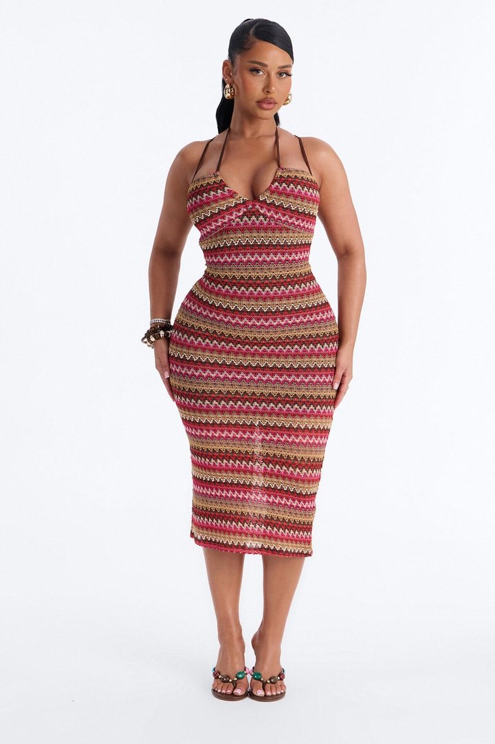 Sacha Chevron Crochet Midi Dress - Brown/combo