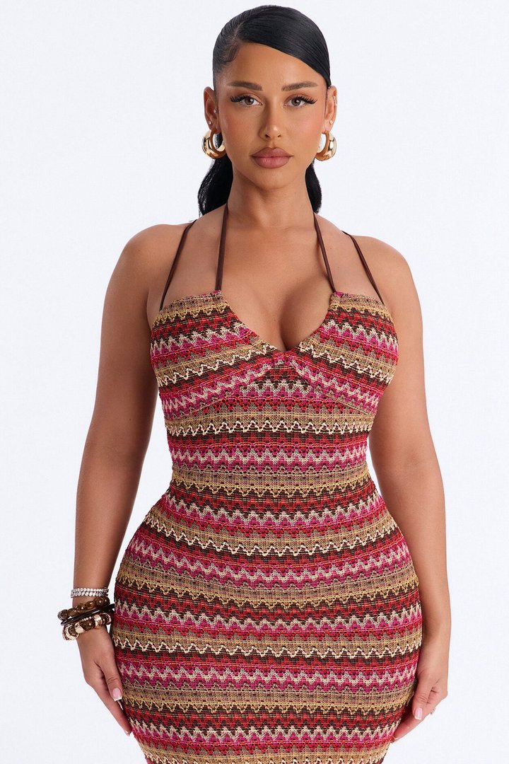 Sacha Chevron Crochet Midi Dress - Brown/combo