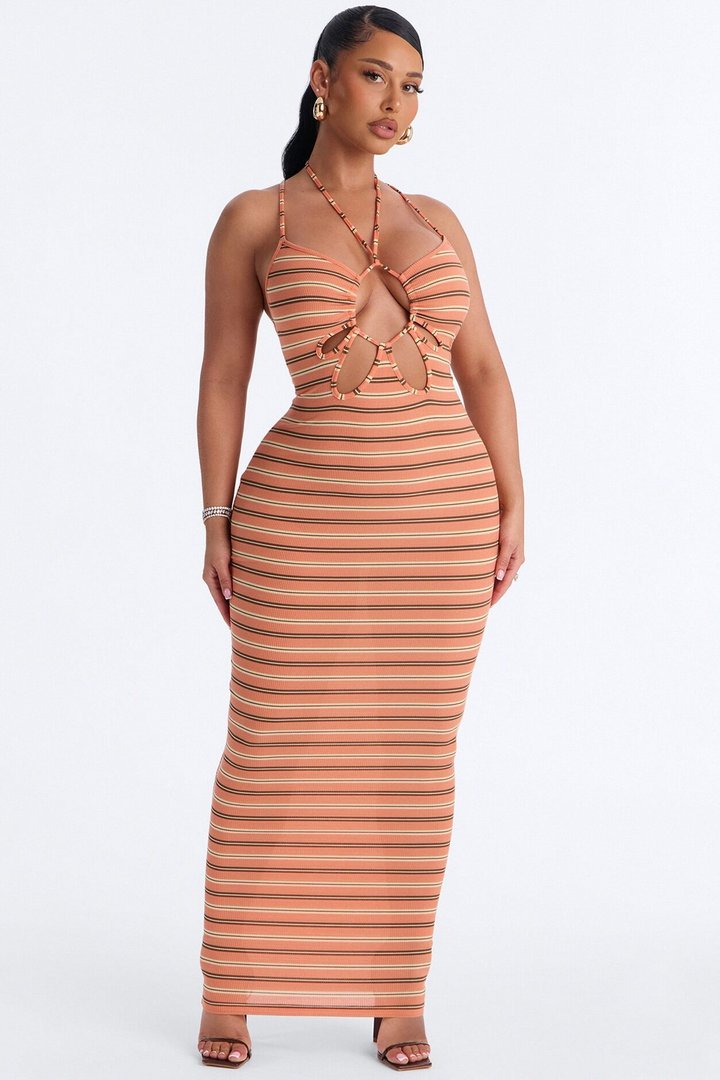 Turning Heads Cut Out Ribbed Maxi Dress - Orange/combo