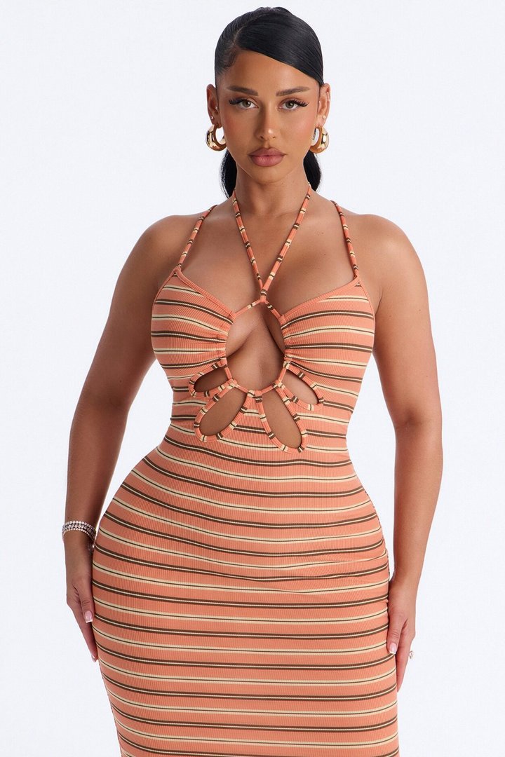 Turning Heads Cut Out Ribbed Maxi Dress - Orange/combo