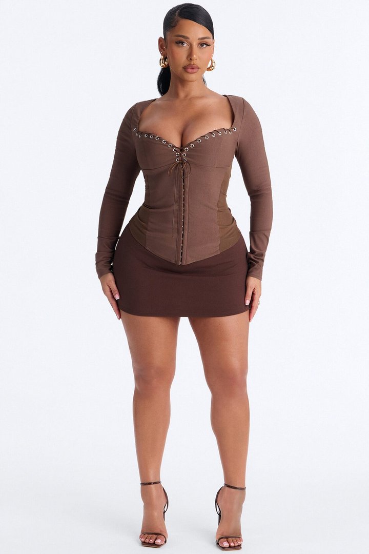 Janet Lace Up Corset Long Sleeve Top - Chocolate