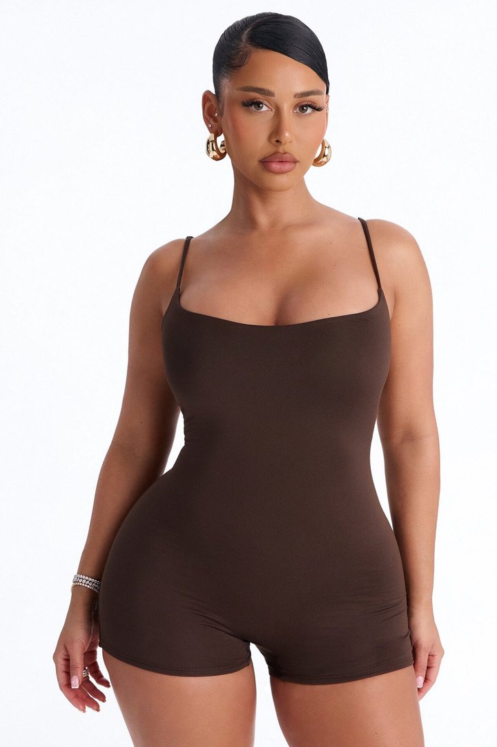 Full Form Double Layer Biker Short Romper - Chocolate