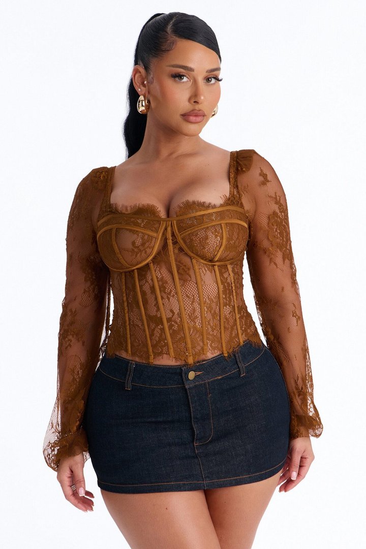 Gilded Glam Lace Bustier Top - Chocolate