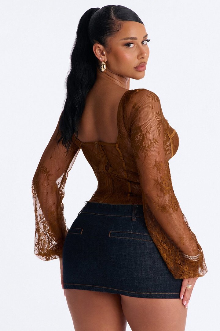 Gilded Glam Lace Bustier Top - Chocolate