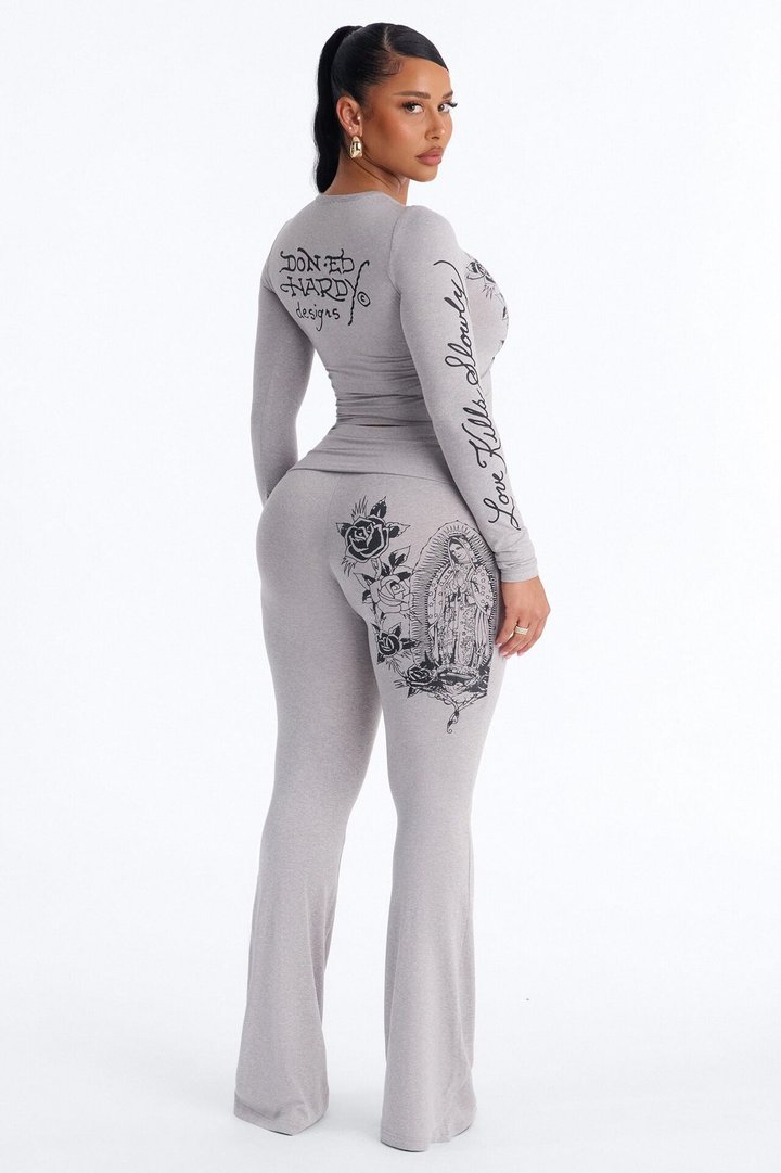 Ed Hardy Keep The Faith Flare PJ Pant Set - Heather Grey