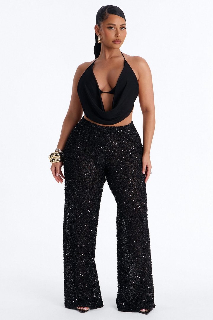 Azalea Low Rise Sequin Crochet Wide Leg Pant 33″ - Black