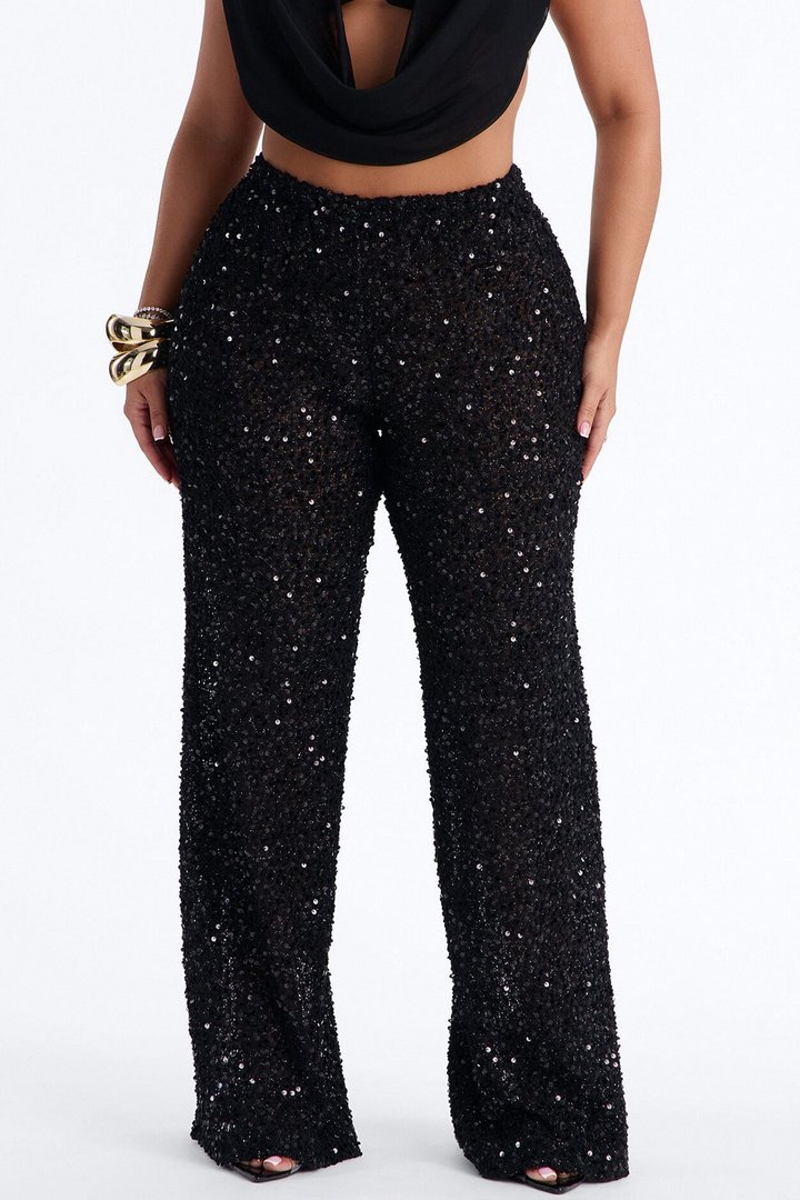 Azalea Low Rise Sequin Crochet Wide Leg Pant 33″ - Black