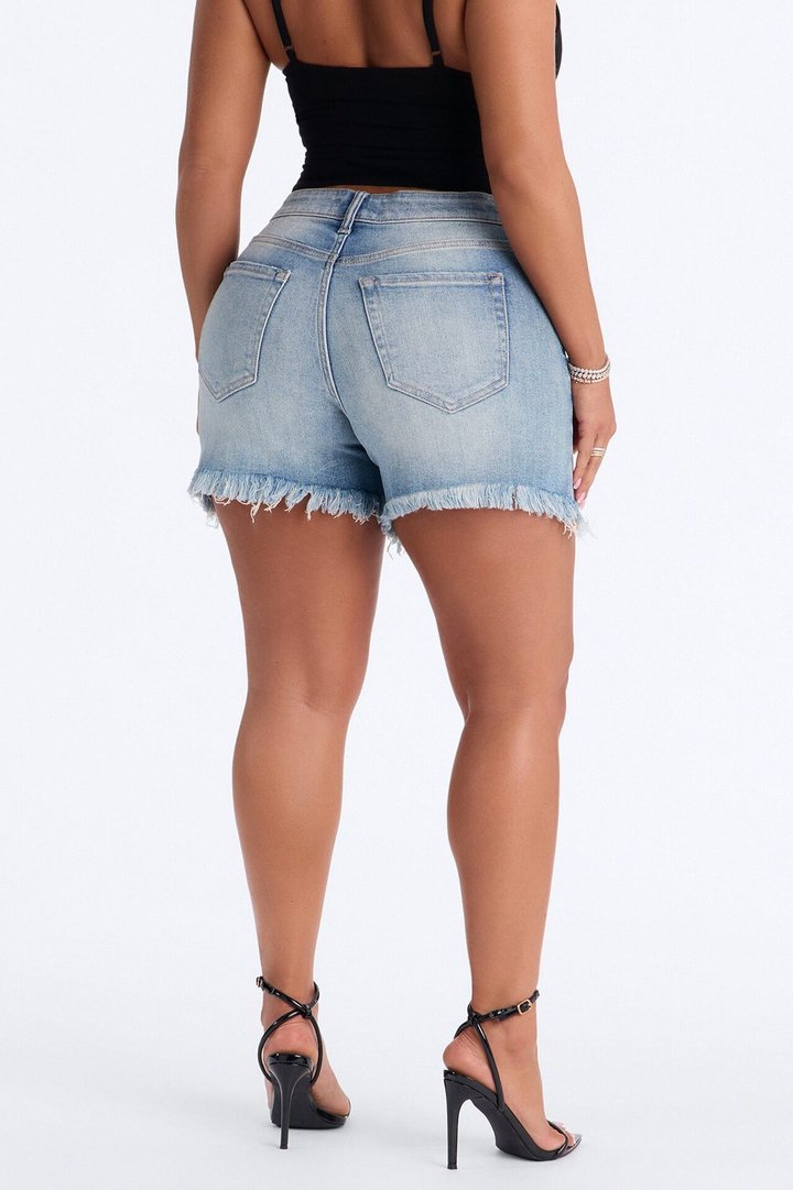 Easy Days Cut Off Ripped Stretch Denim Shorts - Medium Wash