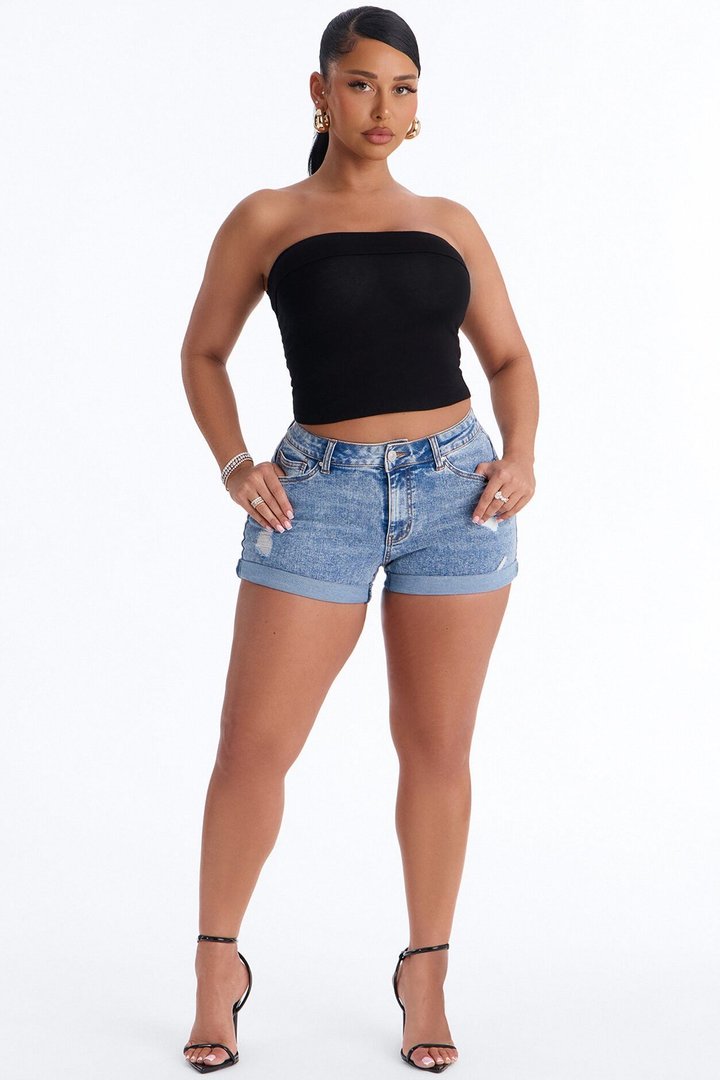 Carmela Cuffed Stretch Denim Shorts - Medium Wash